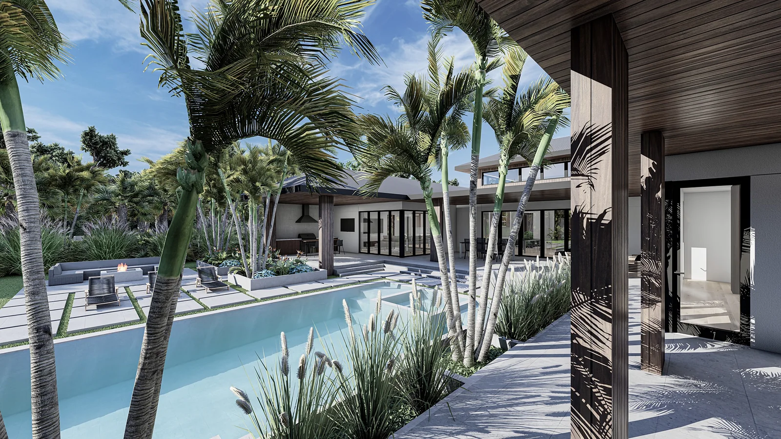 Pool garden framed by palms and the timber-clad loggia