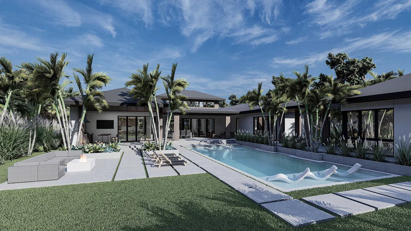 Rear terrace, pool and fire lounge