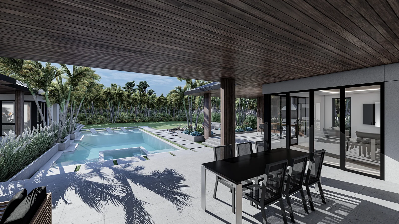 Covered dining terrace overlooking the pool and spa