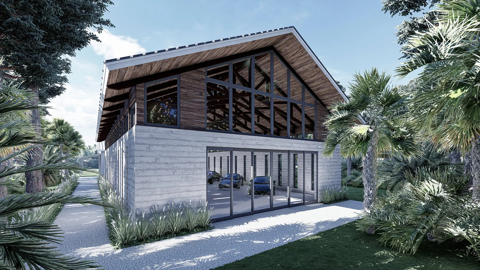 Palmetto car barn with board-formed walls and a glazed timber gable