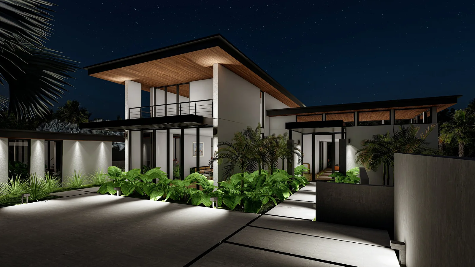 Elm Residence entry court at night