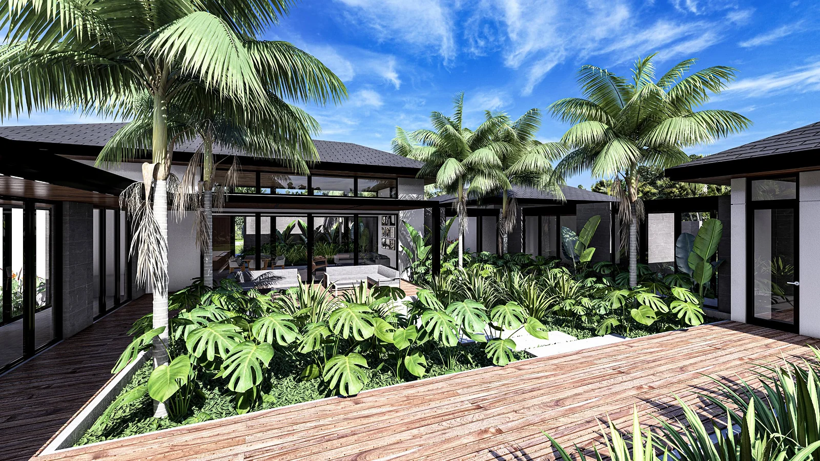 Palm Residence tropical courtyard with timber deck