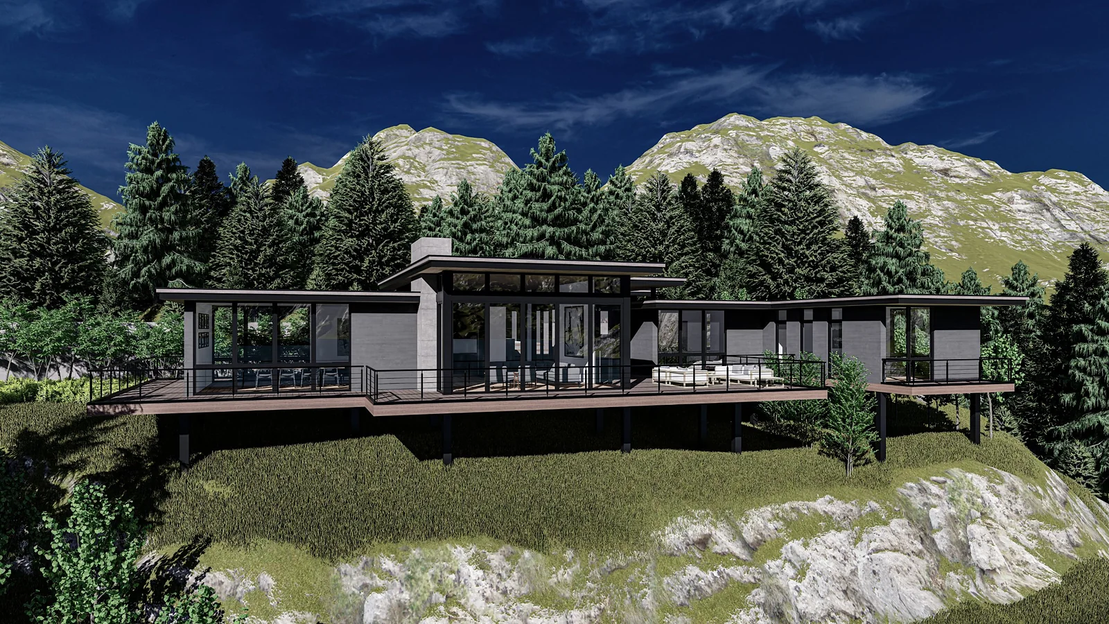 Pine Residence terraces against forested mountains