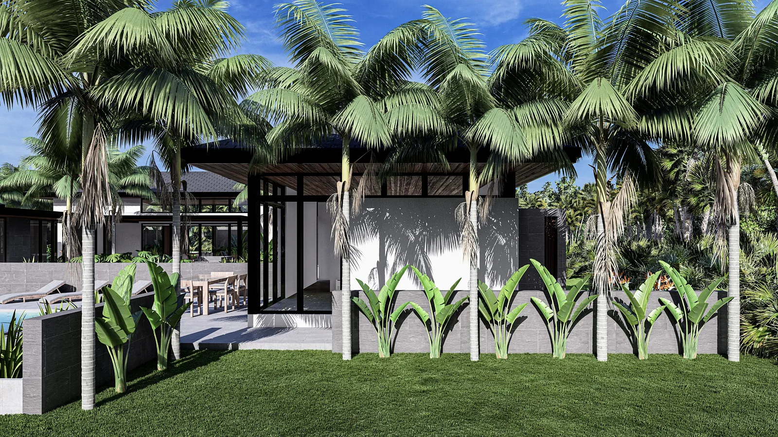 Pool pavilion framed by royal palms