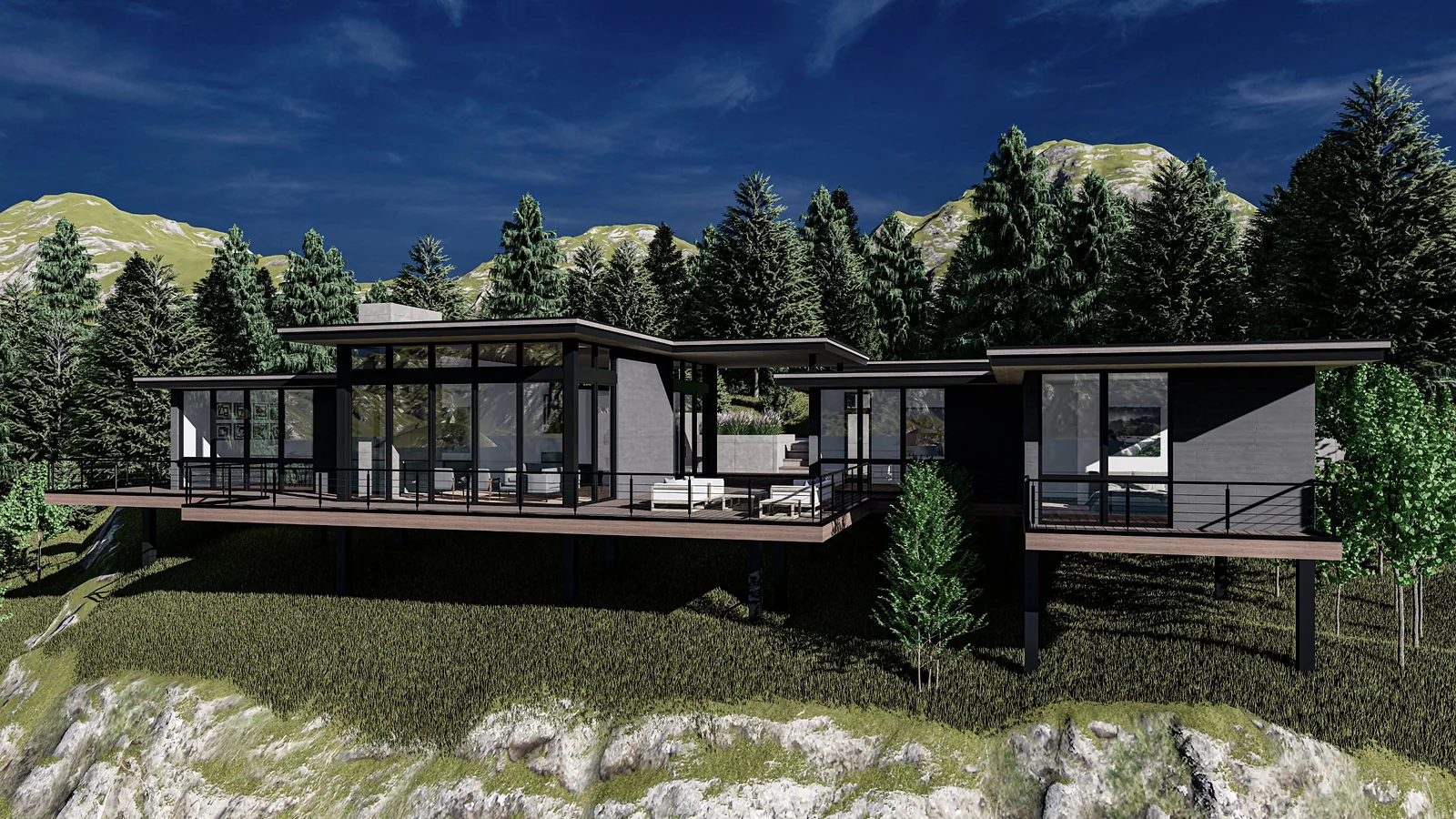 Pine Residence on its hillside against forested mountains