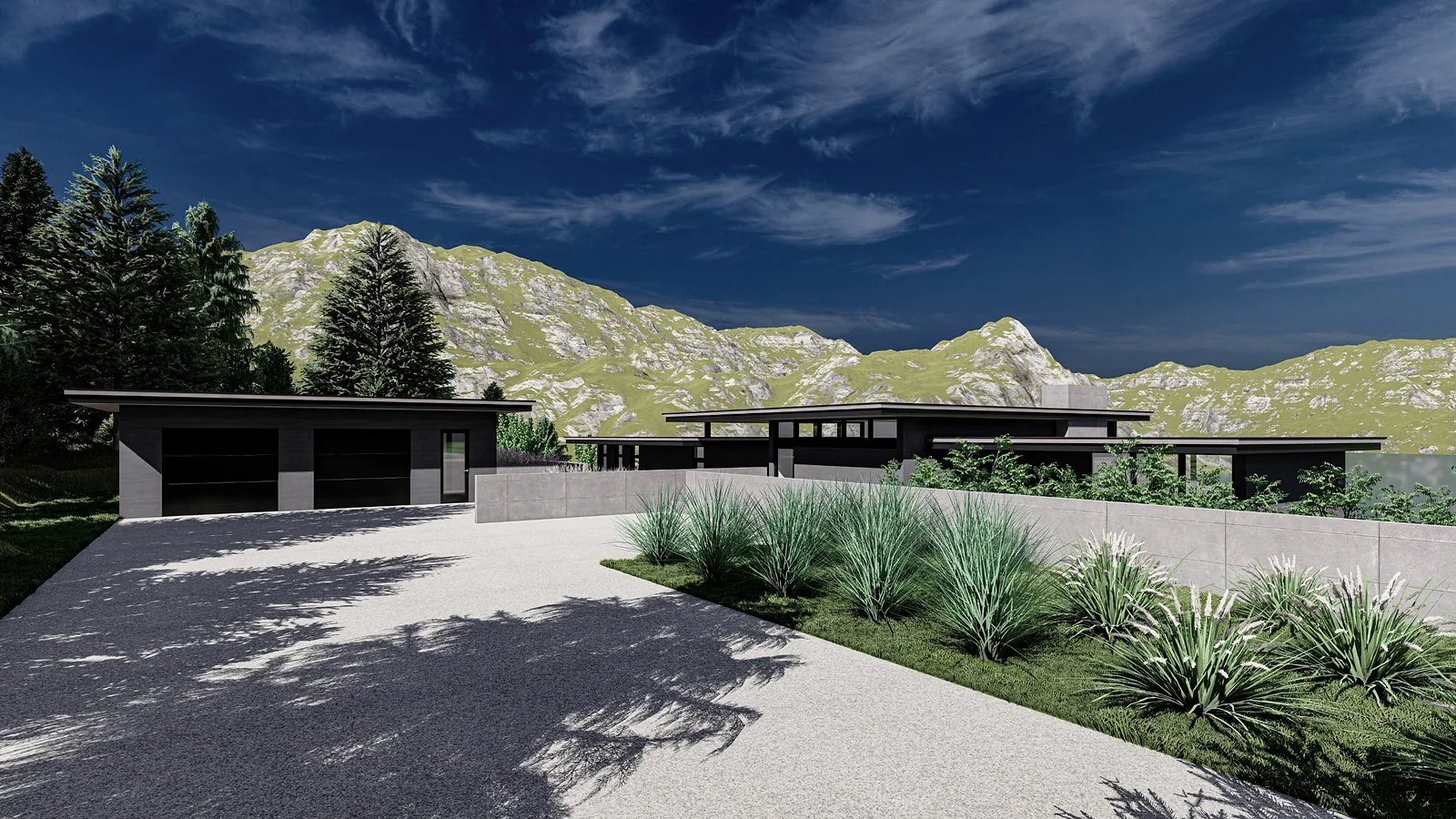 Arrival court with garage and low roofline