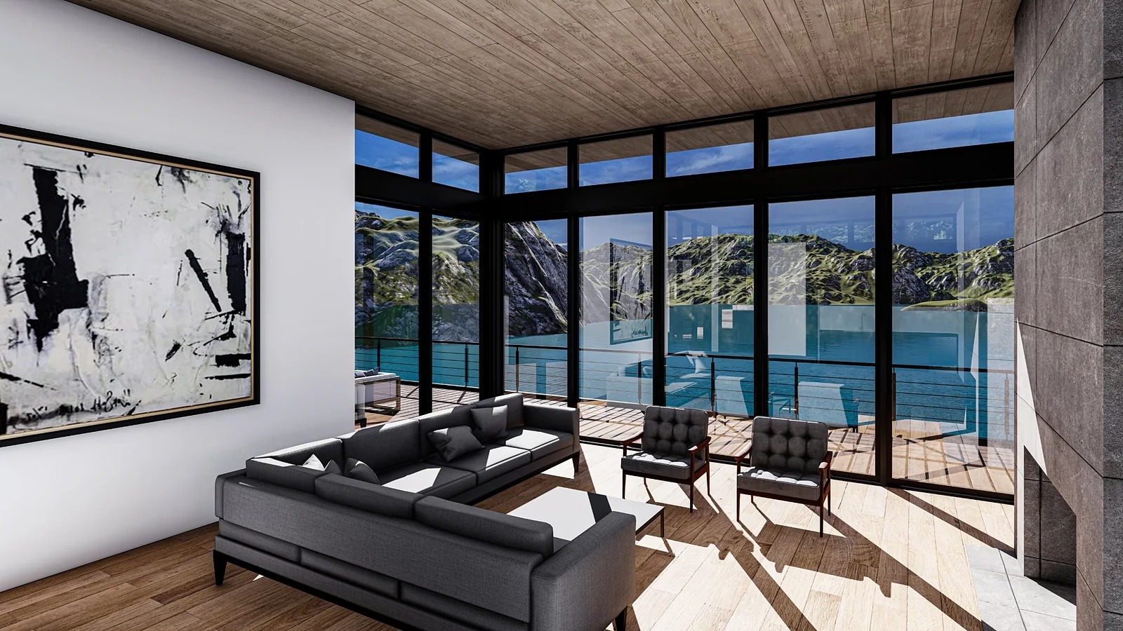 Living room with floor-to-ceiling glazing over the lake