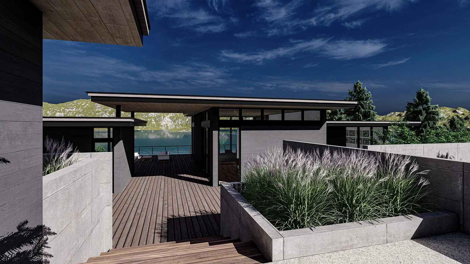 Entry stair and planted court with lake view