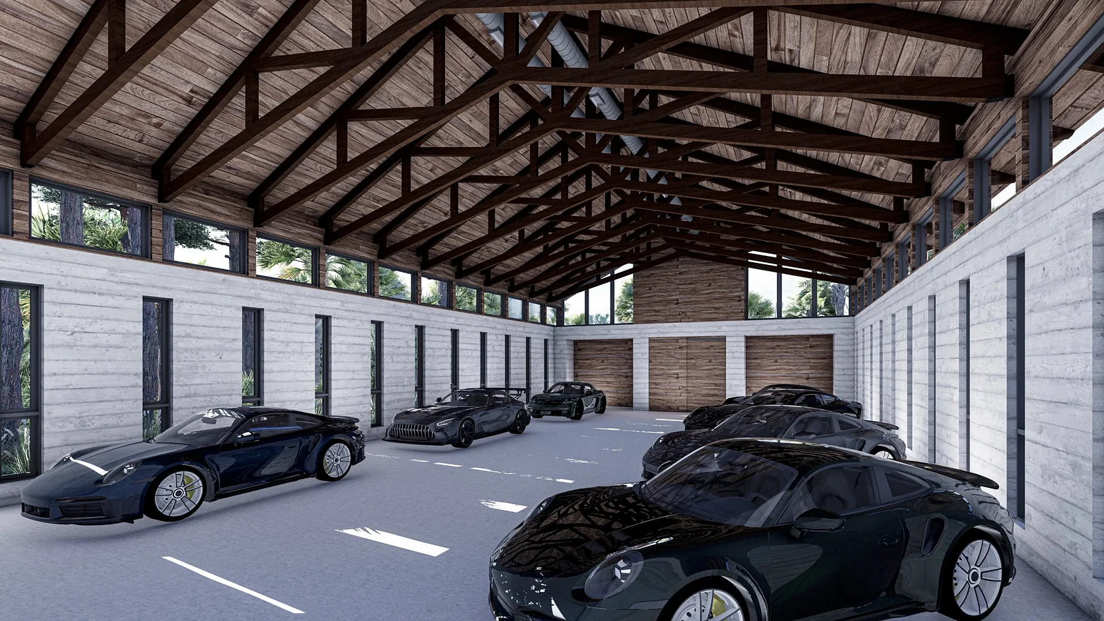 Car barn interior under exposed timber trusses