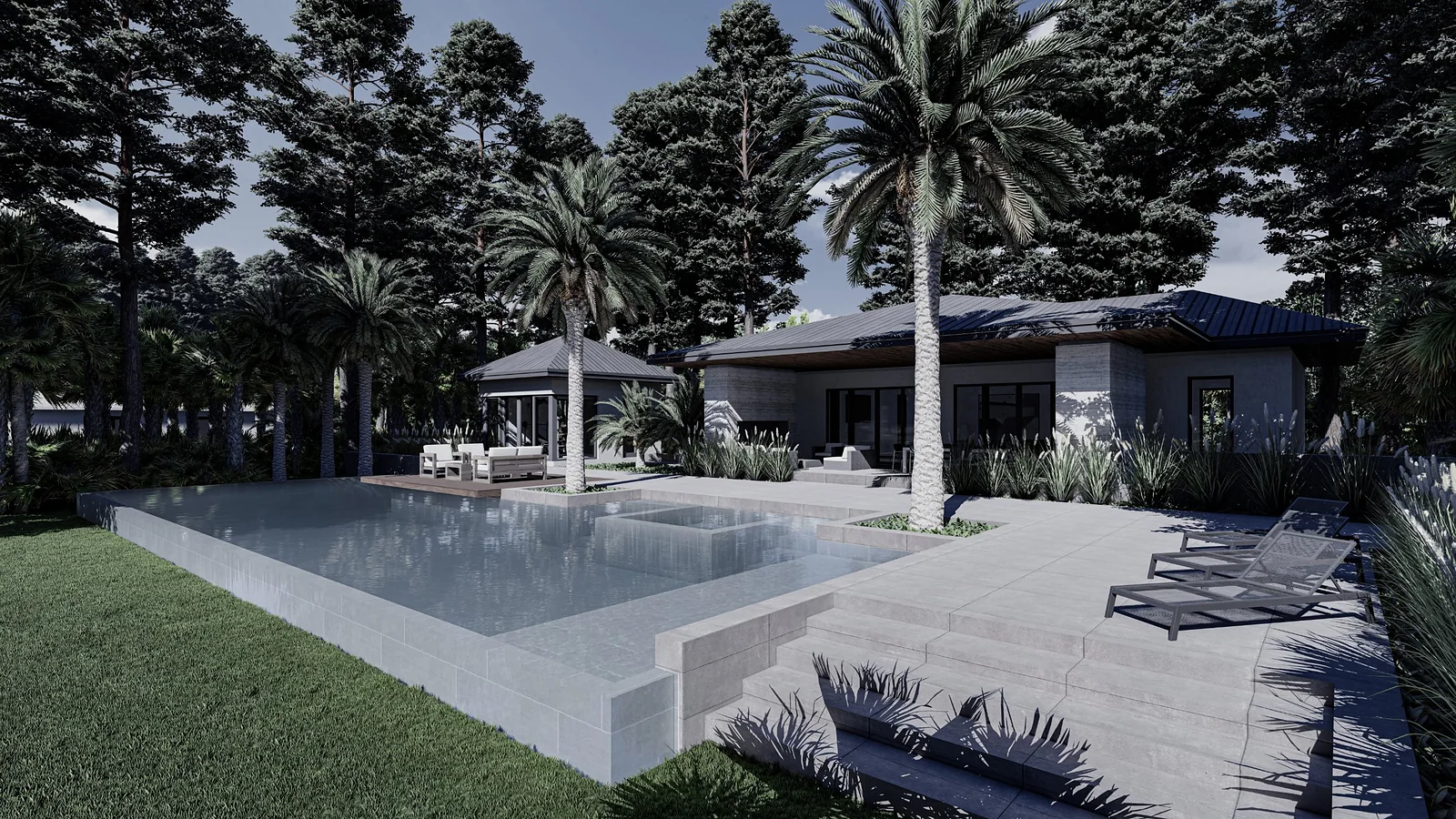 Pool terrace with the cabana among palms and pines