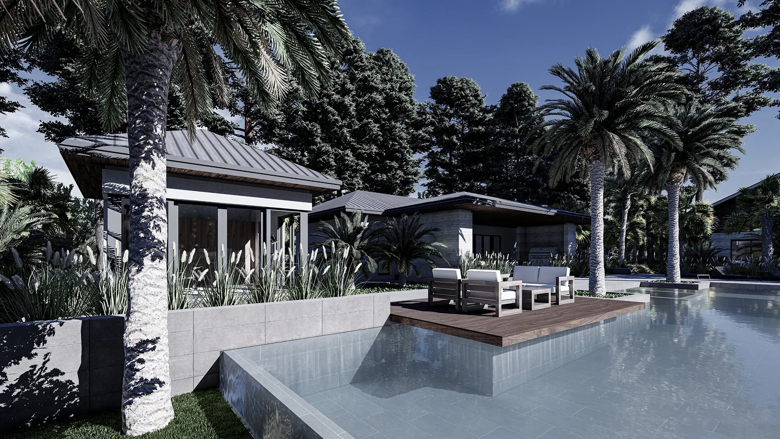 Floating deck lounge on the pool