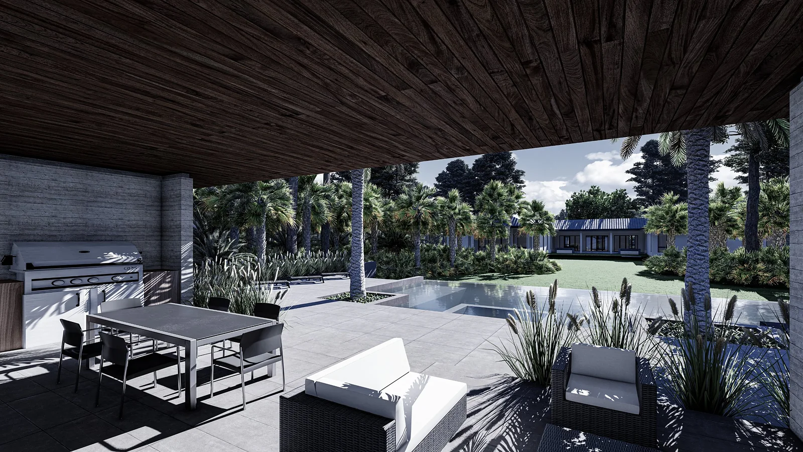 Covered outdoor kitchen and dining under a timber ceiling