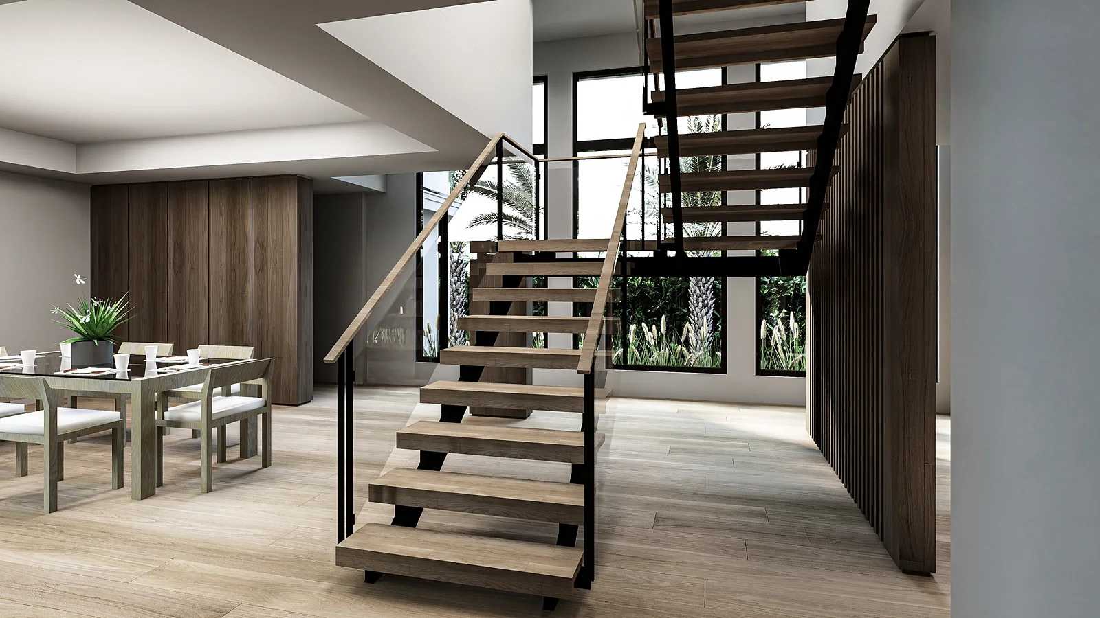 Open timber staircase rising beside the dining room in front of tall windows